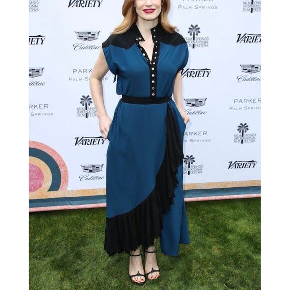 Givenchy Silk Wrap Midi Dress NEW Color Block Blue Black Pleated Ruffle 40 Small - Picture 8 of 8